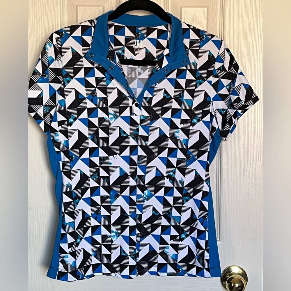 Tail White Label Women’s Short Sleeve Polo Golf Shirt Geometric Print Sz S EUC